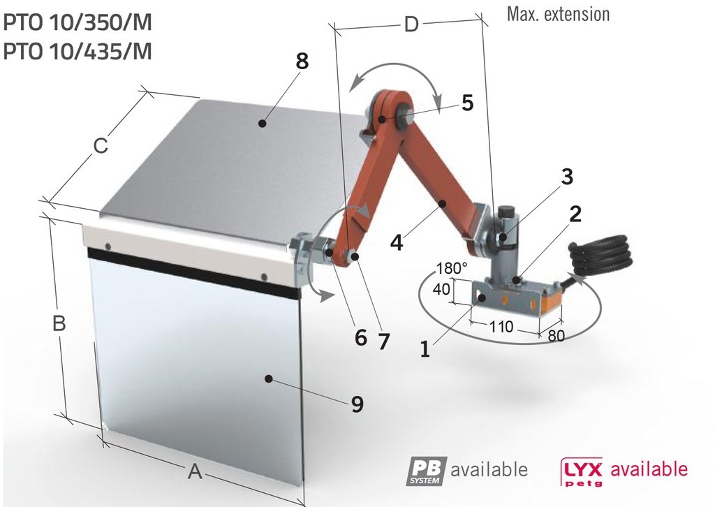 Protection pour tour du chariot - contre la projection des copeaux, à installer sur le chariot longitudinal Protection avec bras double (L+S) et bouclier L 400 H 350 mm.  - avec micro-interrupteur de sécurité