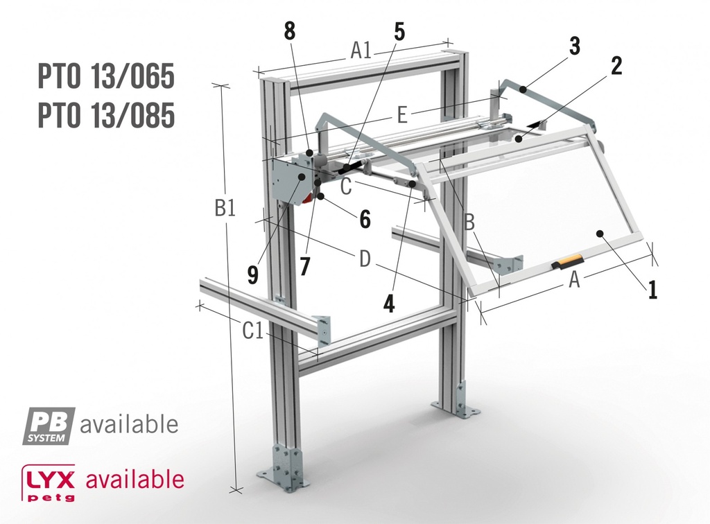 Protecteur pour chariot de tour avec ouverture verticale - contre les copeaux, à installer sur la PTO31 ou sur le support arrière SPTO13 Structure arrière pour protecteur PTO13 L. 800 mm. - profilés en aluminium extrudé - étriers de fixation pour le sol et le bâti de la machine