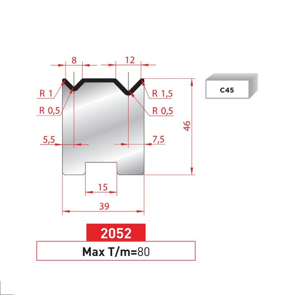 Matrice 2V autocentrée type AMADA neuve ARROW référence 2052 Lg 805 Fractionné