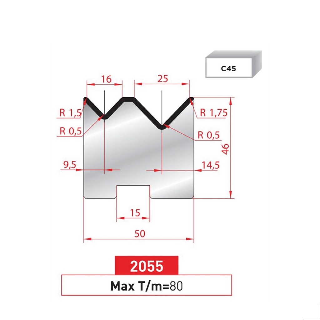 Matrice 2V autocentrée type AMADA neuve ARROW référence 2055 Lg 415