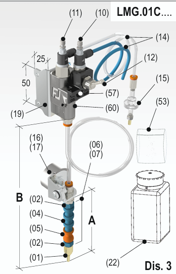 Système de micropulvérisation air-huile Oiljet LMG.01 – buse sur support magnétique déportée de la commande