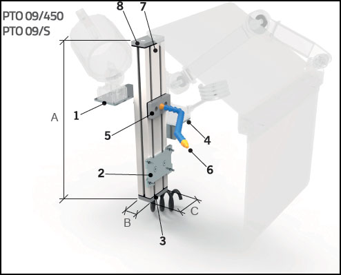 [2NMTOU_PTO09/S] Colonne de support pour accessoires de tour - en aluminium profilé 45x90 avec étriers et distributeur de lubrifiant réglable "LocLine" Colonne de support réglable (personnalisée)