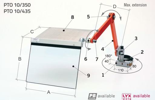 [2NMTOU_PTO10/435/P] Protection pour tour du chariot - contre la projection des copeaux, à installer sur le chariot longitudinal Protection avec bras double (S+S) et bouclier L 400 H 350 mm.  - avec micro-interrupteur de sécurité
