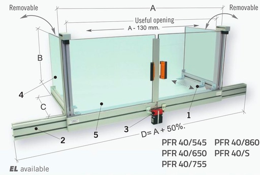 [2NMFRA_PFR40/545] Protecteur périmétrique pour fraiseuses, avec double guide coulissant en polyéthylène - à fixer sur la table de la machine N. 3 protections latérales - Dim. 1000 x 350 H 450 mm.  - avec n. 2 micro-interrupteurs de sécurité