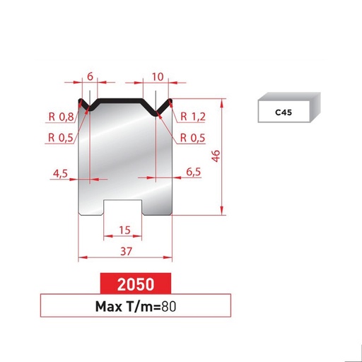 [2NTPLI_EUROSTAMP2050_2F] Matrice 2V autocentrée type AMADA ARROW N°2050 Lg 805 Fractionné