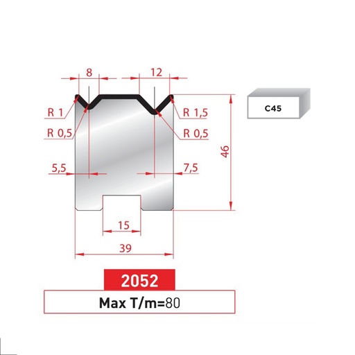 [2NTPLI_EUROSTAMP2052_2F] Matrice 2V autocentrée type AMADA neuve ARROW référence 2052 Lg 805 Fractionné