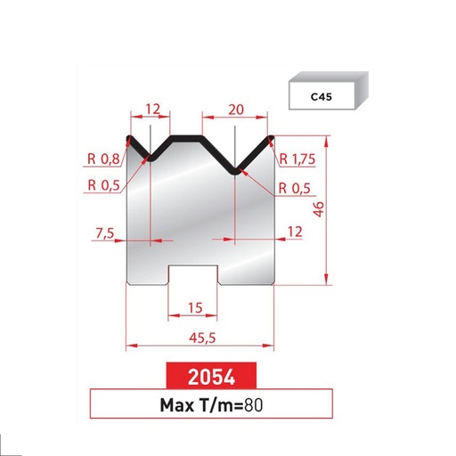 [2NTPLI_EUROSTAMP2054_2F] Matrice 2V autocentrée type AMADA neuve ARROW référence 2054 Lg 805 Fractionné